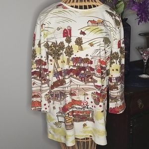 christopher & banks Large 3/4 Sleeve Autumn Fall Farm Pumpkin Patch Market Top